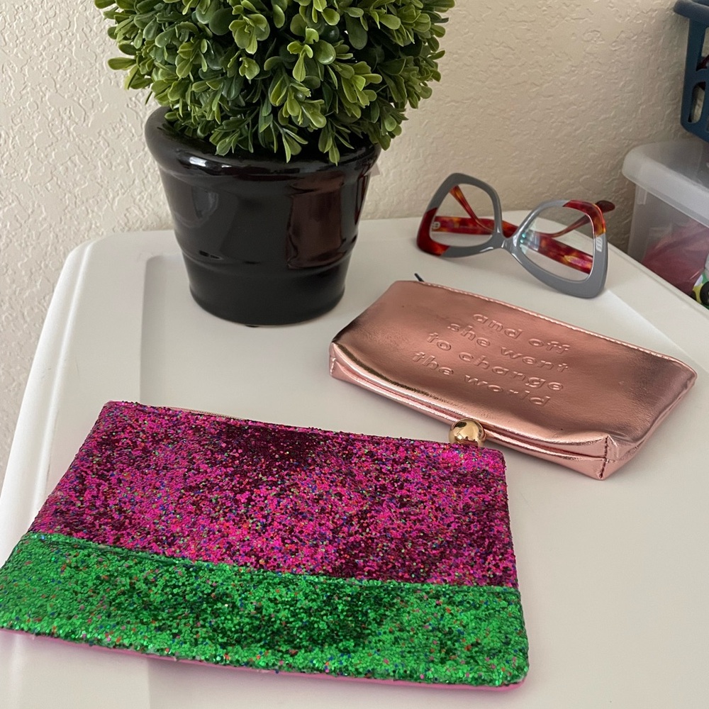 2 for 1 Ipsy Pink & Green Glitter and A Gold Cosmetic Bags Like New just for you